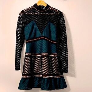 SOLD - Self-Portrait Ruffled Hem Mini Dress Forest Green and Black